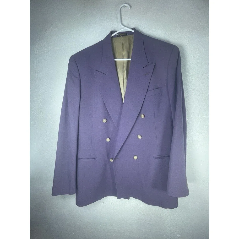 Bachrach Mens Purple Double Breasted Blazer Jacket 100%wool Peak Lapel VTG USA